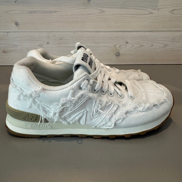 Miu Miu x New Balance 574 
 Distressed White Denim Canvas Sneakers Runners - Picture 2 of 14